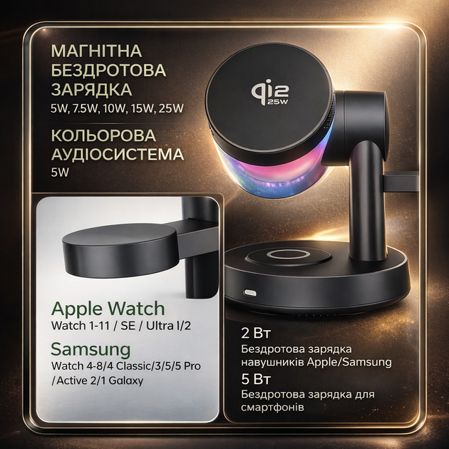 Бездротова настільна зарядка Qi2.2 25W магнітна док-станція 3 в 1 magsafe бездротова зарядка для Apple iphone 16/17 airpods iwatch Z6 33W з підсвічуванням і bluetooth колонкою сертифікована - Фото 4 Бездротова настільна зарядка Qi2.2 25W магнітна док-станція 3 в 1 magsafe бездротова зарядка для Apple iphone 16/17 airpods iwatch Z6 33W з підсвічуванням і bluetooth колонкою сертифікована - изображение 4