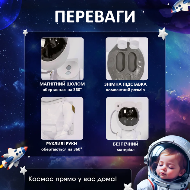 Ночник проектор звездного неба Космонавт детский Лазерный настольный светильник Астронавт галактики с пультом - Фото 5 Ночник проектор звездного неба Космонавт детский Лазерный настольный светильник Астронавт галактики с пультом - изображение 5