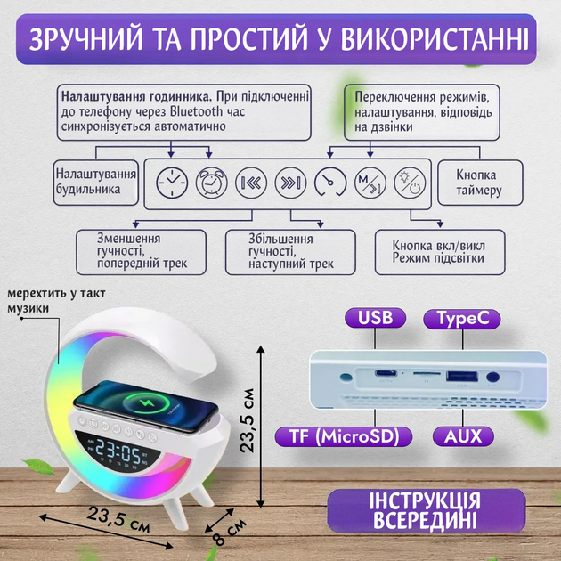 Настільна лампа нічник Розумний світильник 6в1 з блютуз колонкою і годинником Білий - зображення 8