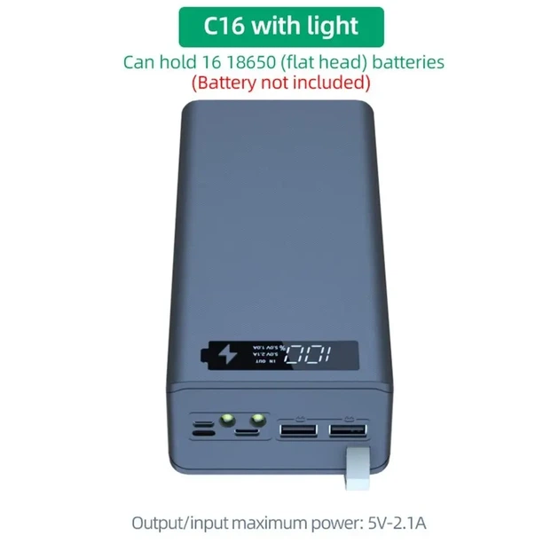 Корпус для повербанка 16 акумулятора 18650 2хUSB+microUSB+Type-C 3А LCD екран (без акумуляторів) - зображення 2