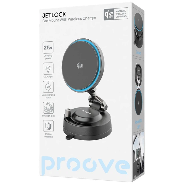 Автомобильный держатель с беспроводной зарядкой Proove JetLock Qi2.2 25W black - Фото 2 Автомобильный держатель с беспроводной зарядкой Proove JetLock Qi2.2 25W black - изображение 2