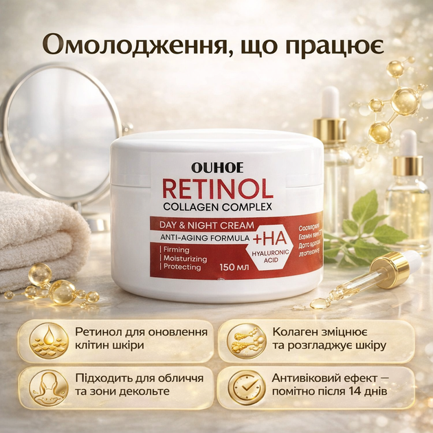 Антивозрастной крем для лица OUHOE с ретинолом и коллагеном для упругости кожи 150 мл - Фото 1 Антивозрастной крем для лица OUHOE с ретинолом и коллагеном для упругости кожи 150 мл - изображение 1