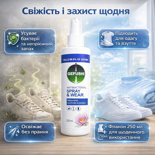 Антибактериальный спрей для одежды и обуви Gefushi Antibacterial Spray & Wear освежающий 250 мл - Фото 1 Антибактериальный спрей для одежды и обуви Gefushi Antibacterial Spray & Wear освежающий 250 мл - изображение 1