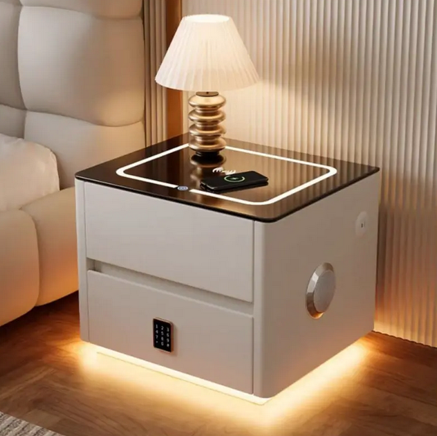 Смарт-тумба из экокожи с LED-подсветкой, USB, датчиком движения, беспроводной зарядкой и Bluetooth, белая - Фото 3 Смарт-тумба из экокожи с LED-подсветкой, USB, датчиком движения, беспроводной зарядкой и Bluetooth, белая - изображение 3