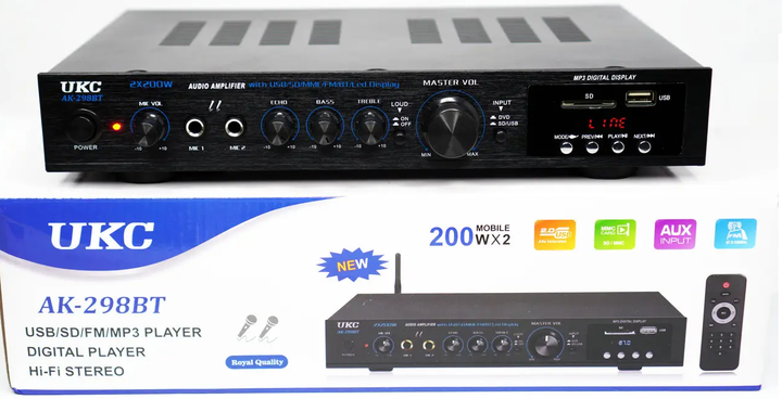 Підсилювач звука 2x200W Bluetooth + КАРАОКЕ 2мікрофони UKC AK-298BTB - изображение 5
