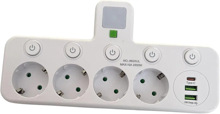 Сітковий фільтр, перехідник, адаптер 10A 2500 W 8625UL LED, 4-220 V, 2-USB, 1-Type-C - зображення 7