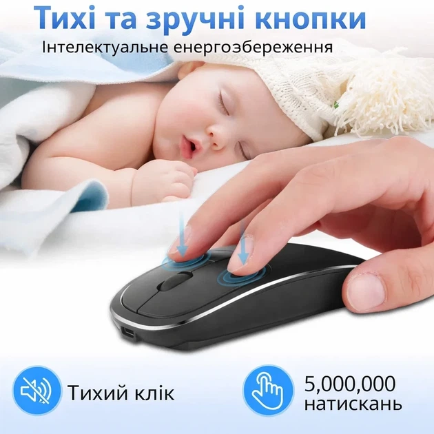 Беспроводная мышка с аккумулятором 450 мАч + Type-C адаптер, 1600 DPI, тихая для ноутбука и ПК, черная - Фото 3 Беспроводная мышка с аккумулятором 450 мАч + Type-C адаптер, 1600 DPI, тихая для ноутбука и ПК, черная - изображение 3