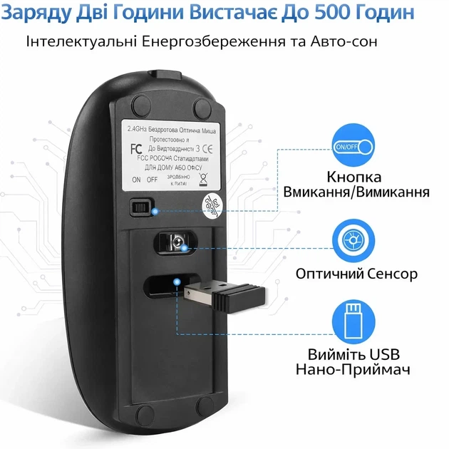 Беспроводная мышка с аккумулятором 450 мАч + Type-C адаптер, 1600 DPI, тихая для ноутбука и ПК, черная - Фото 6 Беспроводная мышка с аккумулятором 450 мАч + Type-C адаптер, 1600 DPI, тихая для ноутбука и ПК, черная - изображение 6