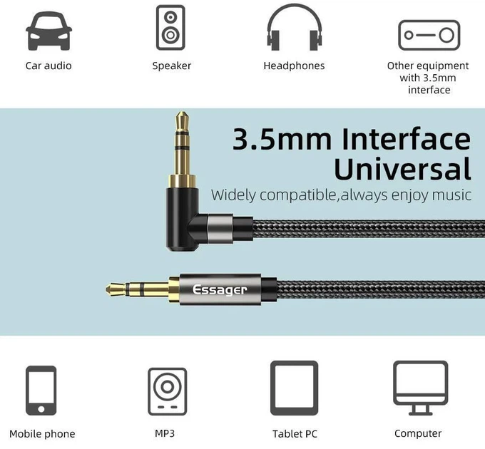 Кабель ESSAGER Monster 3.5mm to 3.5mm 90˚ Jack Audio Cable 1.5m Black (EYP35-WTA01) - изображение 3