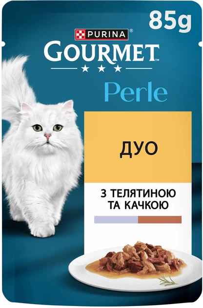 Упаковка влажного корма для котов Purina Gourmet Perle Duo с телятиной и уткой мини филе в подливке 26 шт по 85 г (7613287602015 / 8445291187726) - изображение 2