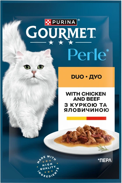Упаковка влажного корма для котов Purina Gourmet Perle Duo с курицей и говядиной мини филе в подливке 26 шт по 85 г (7613287601810 / 8445291187948) - изображение 3
