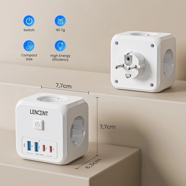 Мережевий фільтр трійник LENCENT PA037EU-2A2C 4000W 16A 7 в 1 2 USB + 2 TYPE-C розгалужувач з вимикачем - Фото 5 Мережевий фільтр трійник LENCENT PA037EU-2A2C 4000W 16A 7 в 1 2 USB + 2 TYPE-C розгалужувач з вимикачем - зображення 5