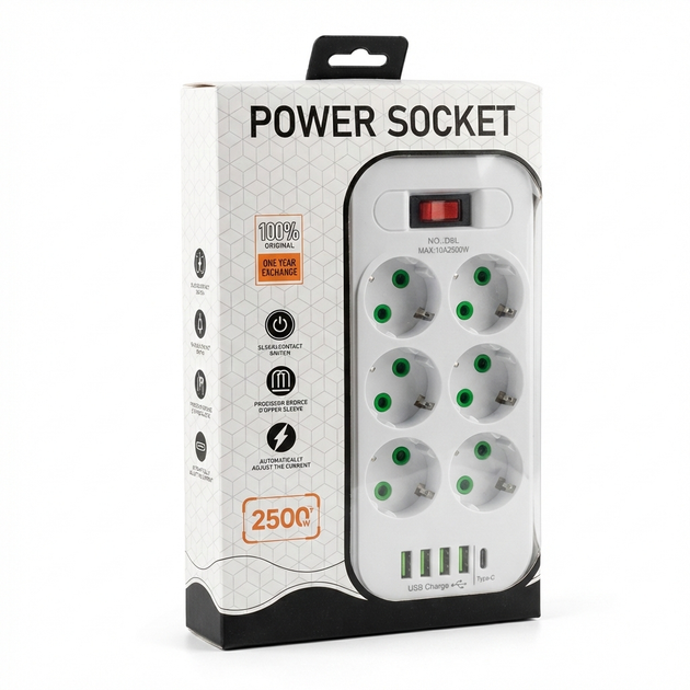 Сетевой удлинитель Power Socket D6 на 6 розеток, 4 USB и Type-C PD 2500W кабель 3 м - изображение 2