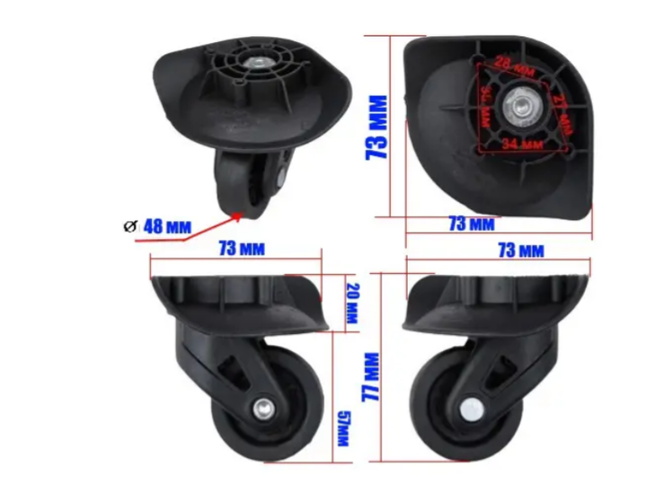 Колеса на пластиковые чемоданы, с вращением 360 градусов, D - 48 mm, одинарные, 73х73 мм, на 4 шурупа. - изображение 2