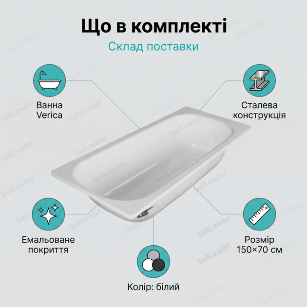 Ванна стальная Verica 150x70 см прямоугольная итальянская для отеля дома квартиры пристенная эмаль компактная - изображение 9