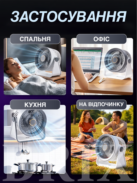 Вентилятор настільний акумуляторний Білий 5 швидкостей LED-підсвітка Аромадифузор USB 1200mAh - зображення 2