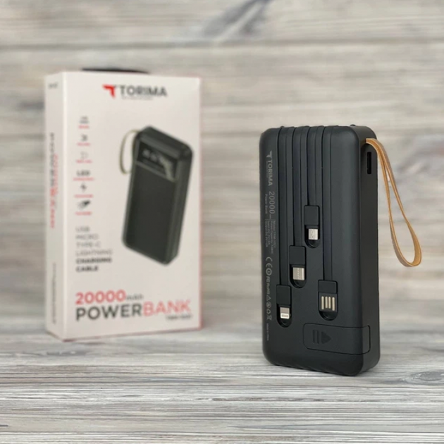 Зовнішній акумулятор Power bank TORIMA TRM-1021 20000 mAh із вбудованими кабелями Micro-USB/Type-C/Lightning iPhone/USB Чорний - зображення 9