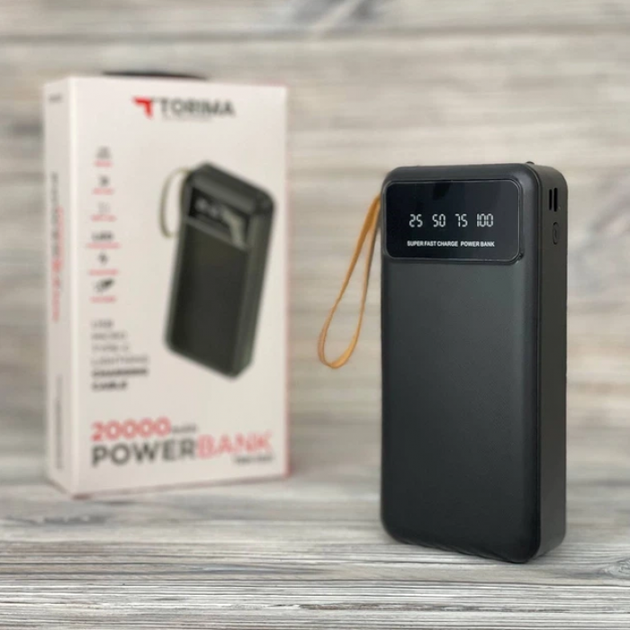 Зовнішній акумулятор Power bank TORIMA TRM-1021 20000 mAh із вбудованими кабелями Micro-USB/Type-C/Lightning iPhone/USB Чорний - зображення 10