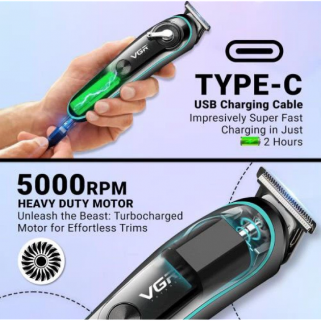 Аккумуляторный триммер для стрижки волос и бороды с USB и LED-дисплеем VGR V-075 3, 6, 9, 12 мм - изображение 4