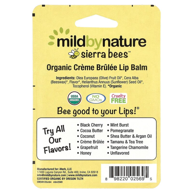 Бальзамы для губ Mild By Nature, Sierra Bees "Organic Lip Balms" крем-брюле (4 шт) - изображение 3
