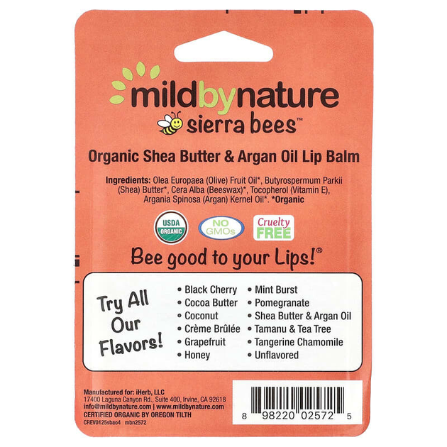 Бальзамы для губ Mild By Nature, Sierra Bees "Organic Lip Balms" масло ши и аргановое масло (4 шт) - изображение 3