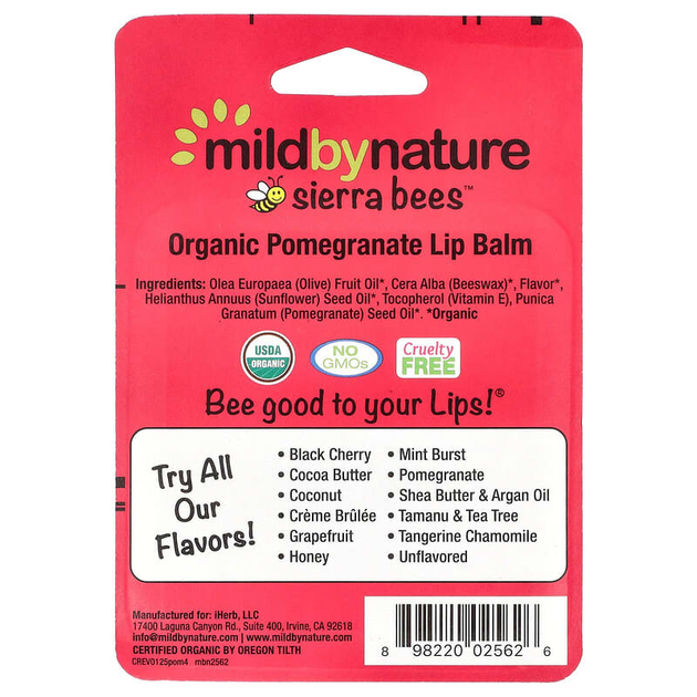 Бальзамы для губ Mild By Nature, Sierra Bees "Organic Lip Balms" гранатовый вкус (4 шт) - изображение 3
