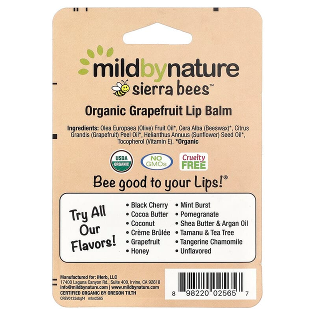 Бальзамы для губ Mild By Nature, Sierra Bees "Organic Lip Balms" со вкусом грейпфрута (4 шт) - изображение 3