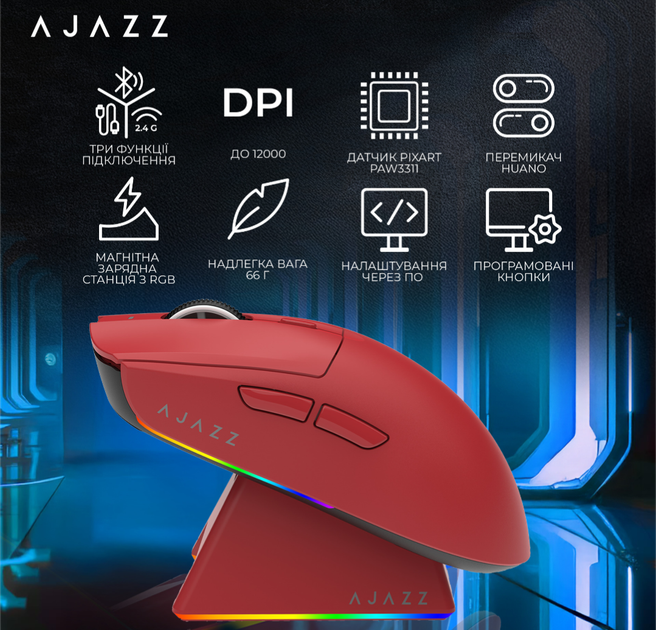 Мишка бездротова ігрова ajazz aj139 v2, red - изображение 6