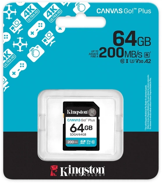 Карта памяти Kingston Canvas Go! Plus 64GB SDXC UHS-I U3 V30 A2 Class 10 (SDG4/64GB) - изображение 3