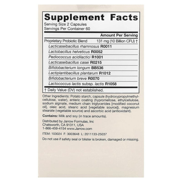 Комплекс пробиотиков Jarrow Formulas "Jarro-Dophilus EPS" смесь 8 штаммов, 10 млрд КОЕ (120 растительных капсул) - изображение 2