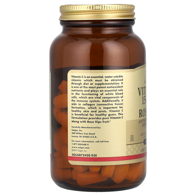 Витамин С + шиповник SOLGAR "Vitamin C with Rose Hips" L-аскорбиновая кислота для иммунитета, 1500 мг (90 таблеток) - изображение 3
