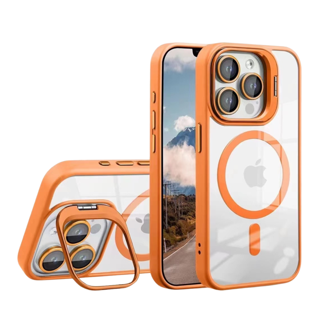 Чохол TPU+PC+Metal Stand Case with MagSafe and Camera Lenses для iPhone 15 Pro Max Orange - Фото 2 Чохол TPU+PC+Metal Stand Case with MagSafe and Camera Lenses для iPhone 15 Pro Max Orange - изображение 2