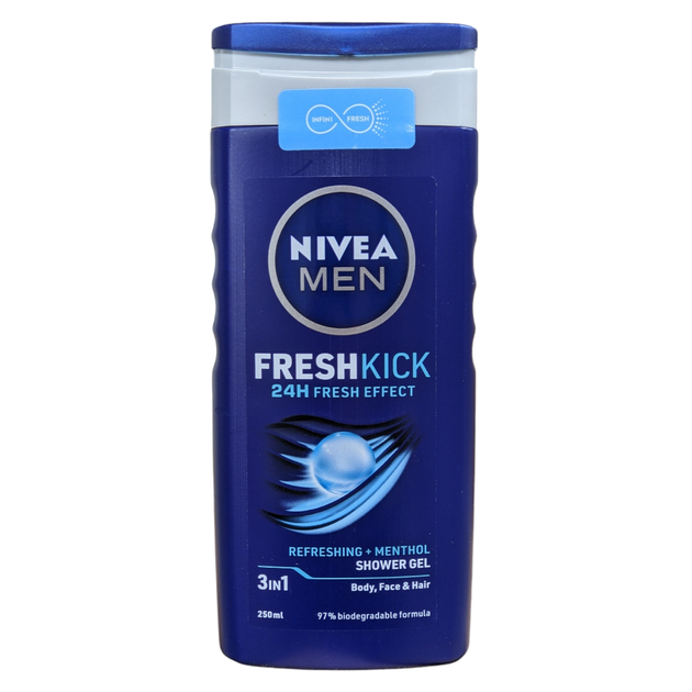 Гель для душу 3в1 для тіла волосся та обличчя чоловічий NIVEA men ds freshkick ml250 - Фото 1 Гель для душу 3в1 для тіла волосся та обличчя чоловічий NIVEA men ds freshkick ml250 - зображення 1