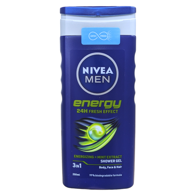 Гель для душу 3в1 для тіла волосся та обличчя чоловічий NIVEA men ds energy f/m ml250 - Фото 1 Гель для душу 3в1 для тіла волосся та обличчя чоловічий NIVEA men ds energy f/m ml250 - зображення 1