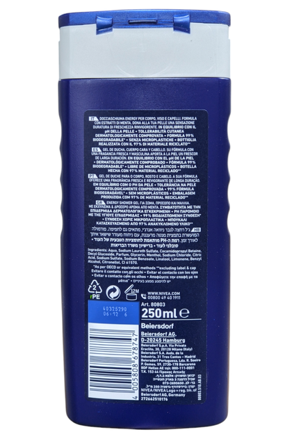 Гель для душу 3в1 для тіла волосся та обличчя чоловічий NIVEA men ds energy f/m ml250 - Фото 2 Гель для душу 3в1 для тіла волосся та обличчя чоловічий NIVEA men ds energy f/m ml250 - зображення 2