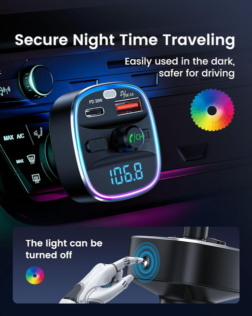 FM передатчик для авто LENCENT T25M C3 Bluetooth 5.4 48W PD 30W QC3.0 18W 7 цветов подсветка hands-free USB TF (T25M-C3) - изображение 7