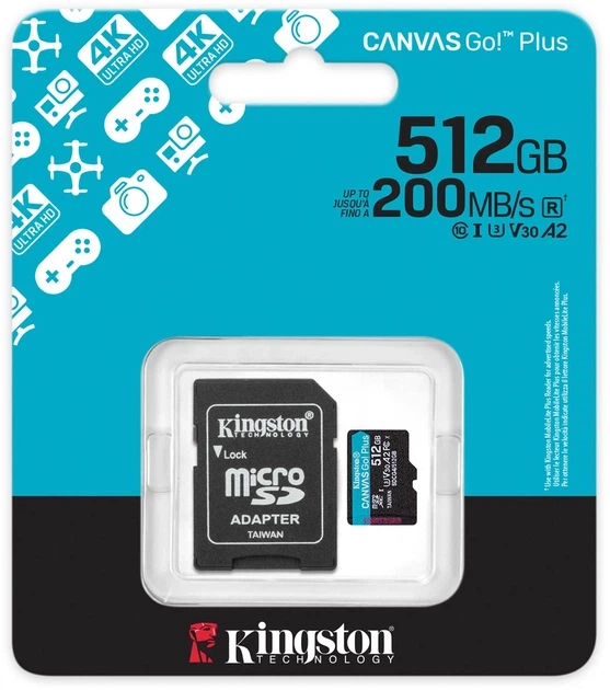 Карта памяти Kingston Canvas Go! Plus 512GB microSDXC UHS-I U3 V30 + SD-адаптер (SDCG4/512GB) - Фото 3 Карта памяти Kingston Canvas Go! Plus 512GB microSDXC UHS-I U3 V30 + SD-адаптер (SDCG4/512GB) - изображение 3
