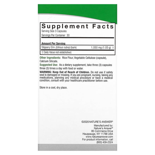 Скользкий вяз Nature's Answer "Slippery Elm" 1050 мг (90 вегетаринских капсул) - изображение 2