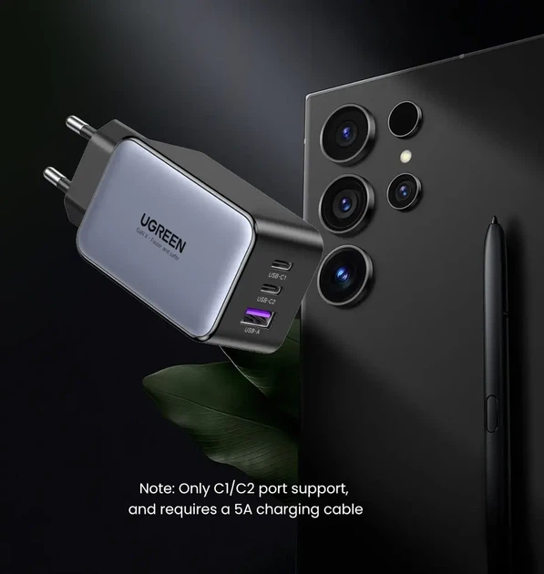Мережевий зарядний пристрій UGREEN 65W GaN II (2×USB-C + USB-A) - зображення 6