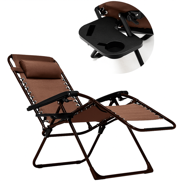 Раскладное кресло шезлонг LEOBRO Zero Gravity Premium Brown 178 x 64 x 110 см, с подголовником и регулировкой спинки, коричневое - изображение 2