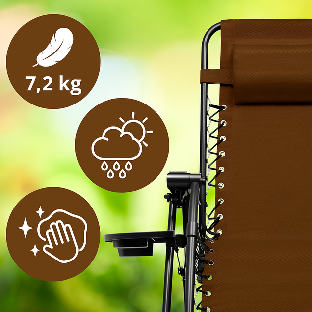 Раскладное кресло шезлонг LEOBRO Zero Gravity Premium Brown 178 x 64 x 110 см, с подголовником и регулировкой спинки, коричневое - изображение 3