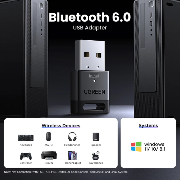 Bluetooth-адаптер Ugreen Bluetooth 6.0 CM748 USB передавач для комп'ютера ноутбука - зображення 3