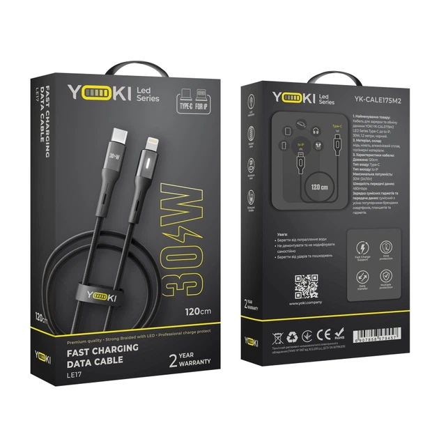 Кабель для зарядки и обмена данными USB YOKI YK-LE17 LED Series Type-C to Lightning 30W (3A/10V) 1.2m Black - изображение 8