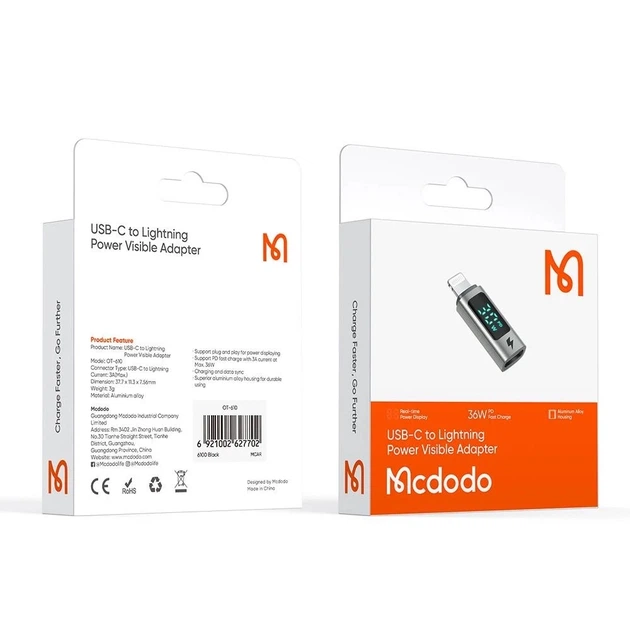 Адаптер McDodo Digital display USB-C to Lightning PD 36W Connector OT-6100 Black - изображение 2
