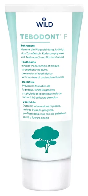 Зубна паста TEBODONT-F з олією чайного дерева (Melaleuca Alternifolia) та фторидом, проти карієсу, зміцнює ясна, 75 мл - Фото 1 Зубна паста TEBODONT-F з олією чайного дерева (Melaleuca Alternifolia) та фторидом, проти карієсу, зміцнює ясна, 75 мл - изображение 1