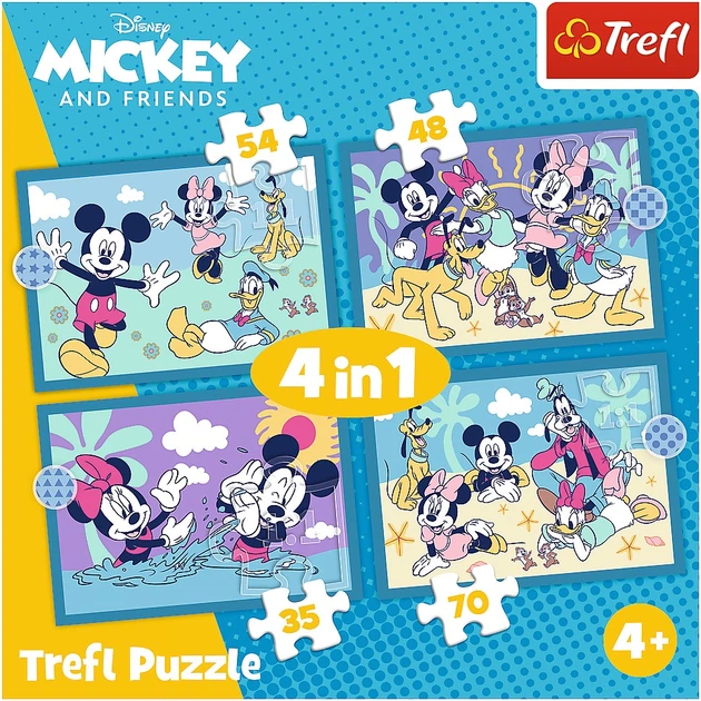 Набір пазлів Trefl 4в1 Смішні пригоди Міккі Мауса 35 + 48 + 54 + 70 елементів 34669 (5900511346695) - зображення 1