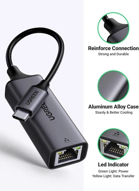 Адаптер UGREEN USB-C на Ethernet Gigabit (1000 Мбіт/с) - Фото 6 Адаптер UGREEN USB-C на Ethernet Gigabit (1000 Мбіт/с) - изображение 6