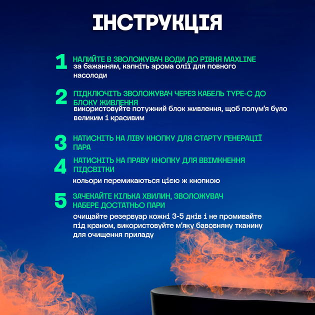 Зволожувач повітря нічник для дому портативний з ефектом полум'я USB з ємністю 180 мл LED підсвічування - зображення 7