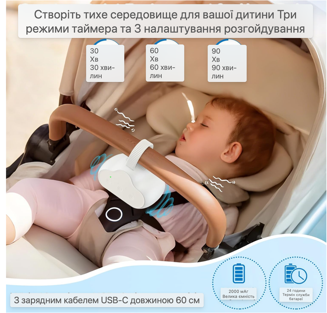 Гойдалка-заколисувач для коляски для заколисування немовлят на коляску манеж краватку з таймером портативний акумуляторний - зображення 6
