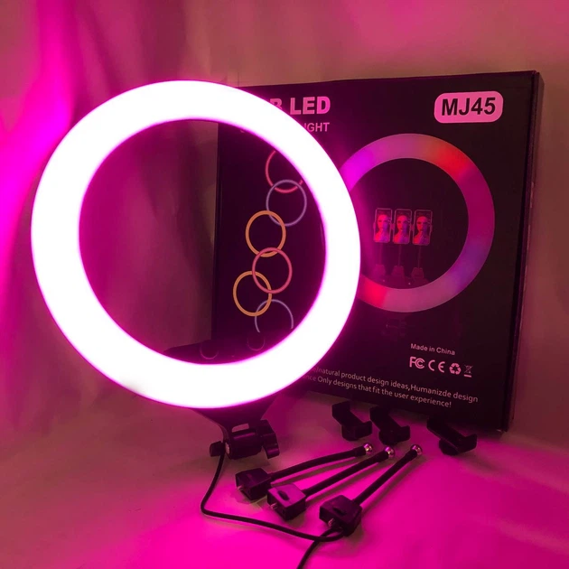 Кольцевая LED лампа RGB MJ45 Ring 45 см комплектация адаптер со встроенным кабелем, держатели для телефона, пульт - изображение 8